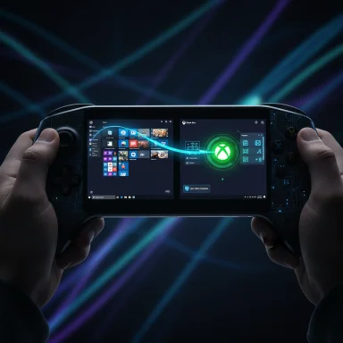 A handheld gaming console shows a PC desktop with a glowing Xbox logo amid neon light trails.