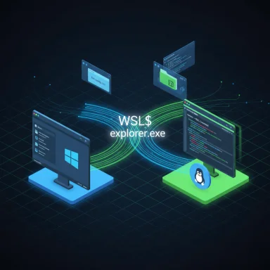 Neon illustration of Windows Subsystem for Linux (WSL) with explorer.exe linking Windows and Linux.