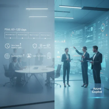 Business team reviews data on futuristic holographic screens in a glass-walled conference room.