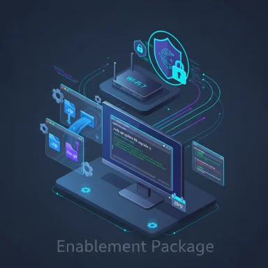 Isometric tech workspace with code, zipped files, and a glowing security shield.