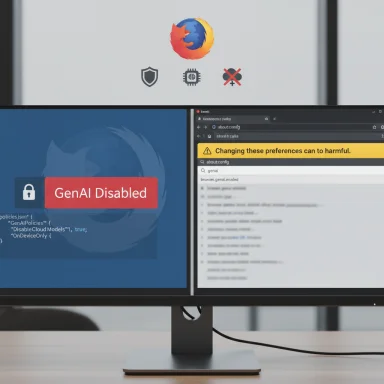 Dual-monitor setup showing 'GenAI Disabled' on the left and a browser configuration warning on the right.