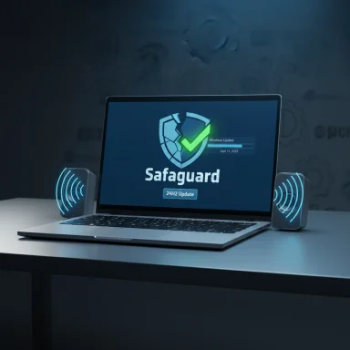 Laptop screen shows Safaguard shield with a green checkmark and a 24H2 update.