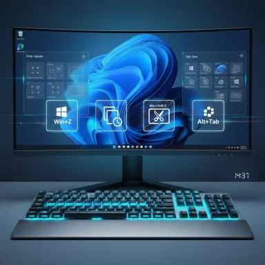 A futuristic desktop setup with a curved monitor showing holographic shortcuts and a glowing blue-backlit keyboard.