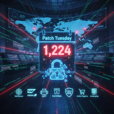 Futuristic dashboard displays Patch Tuesday 1,224 vulnerabilities and a shattered lock.