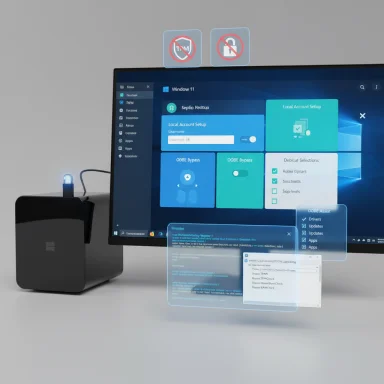 Desk setup with a Windows 11 monitor and floating holographic UI panels above a small black PC.