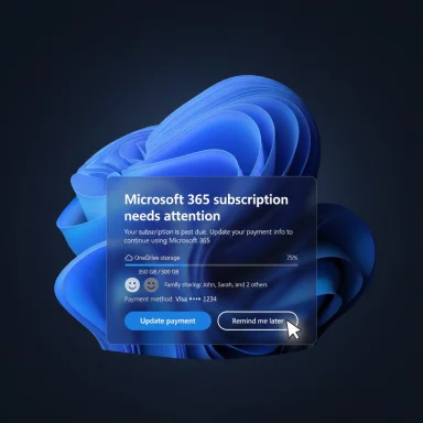 A Microsoft 365 subscription payment reminder dialog on a blue abstract background.