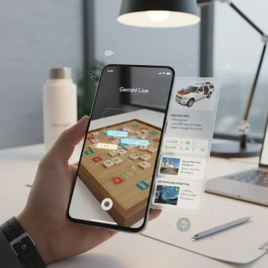 A person uses a smartphone with AR overlays (Gemini Live) showing a wooden board and a floating info panel.