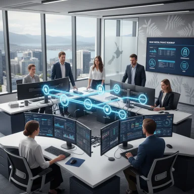 A high-tech office where a team gathers around a central desk, with glowing holographic network icons.