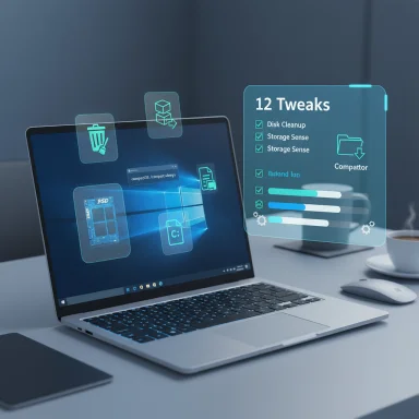 Futuristic laptop with floating holographic panels displaying system tweaks.