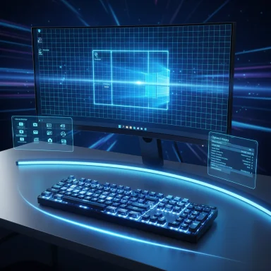 A futuristic computer desk with neon blue holographic HUDs and a Windows display.
