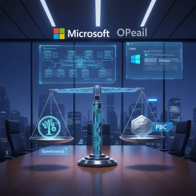 A futuristic boardroom featuring holographic scales balancing governance and PBC beneath Microsoft branding.