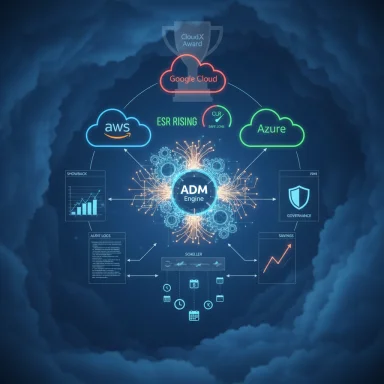 Central ADM Engine orchestrates a multi-cloud setup across AWS, Google Cloud, and Azure.