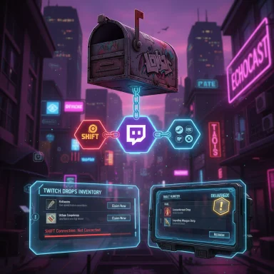 Neon-lit cyberpunk city with a hanging mailbox linked to glowing Twitch icons and holographic inventories.