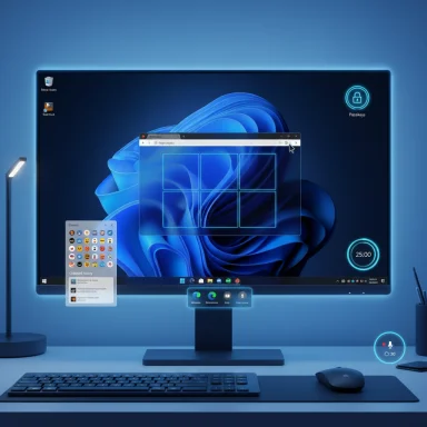 A futuristic blue-lit desk setup with a curved monitor, floating panels, and neon UI.