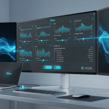 Futuristic desk setup with a large monitor showing a glowing data dashboard and a branded laptop.