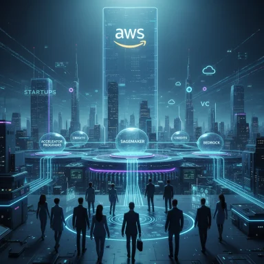 Futuristic city with AWS cloud hub as executives approach a holographic startup platform.
