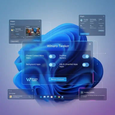 A futuristic Windows tweak tool UI with translucent blue panels and toggle switches over a blue abstract background.