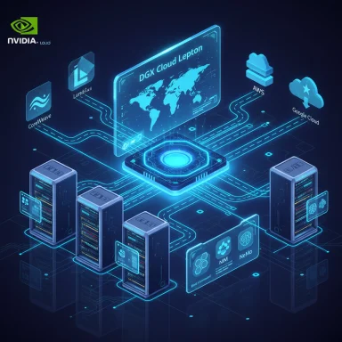 Futuristic NVIDIA DGX Cloud Lepton hub links global cloud providers to on-prem servers.
