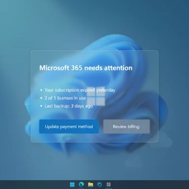 Microsoft 365 alert on a blue desktop: expired subscription, 2 of 5 licenses in use, last backup 3 days ago.