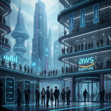 A futuristic tech hub with neon-lit glass walkways and AWS Startups signage.