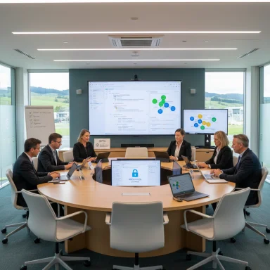 Eight professionals in a round-table business meeting, with laptops and large presentation screens.