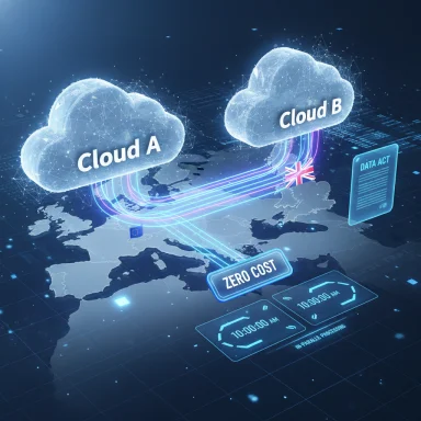 Global cloud-to-cloud link between Cloud A and Cloud B, offering zero-cost data transfer.