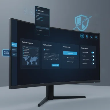 A curved monitor displays a blue, futuristic software dashboard with floating panels.