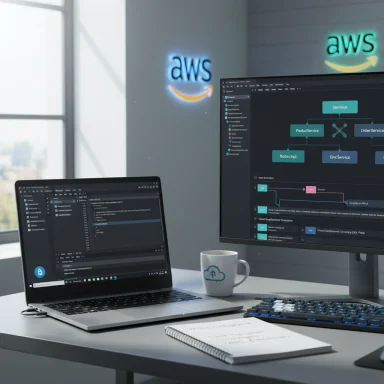 Modern tech desk with a laptop and large monitor displaying cloud architecture, AWS logos glow on the wall.