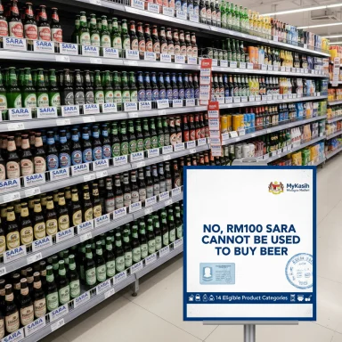A supermarket beer aisle with a large sign stating RM100 SARA cannot be used to buy beer.