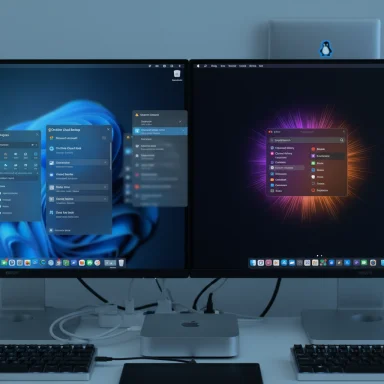 Dual-monitor Mac workspace with a Mac mini centered on a clean white desk.