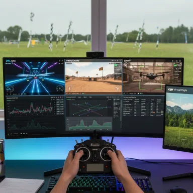 Drone flight setup with three monitors, flight sims, and a handheld controller.