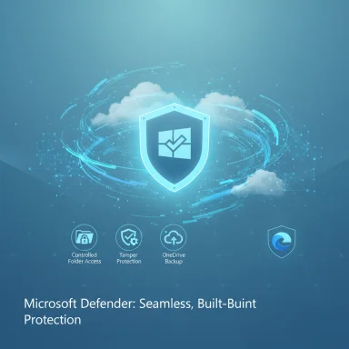 Blue digital shield with cloud motif representing Microsoft Defender protection.