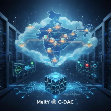A high-tech data center with a holographic map of India and interconnected network nodes.