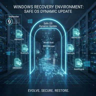 Futuristic Windows Recovery Environment showing Safe OS Dynamic Update and boot tools.