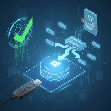 Futuristic diagram of the Windows boot process with EFI boot loaders and a USB drive.