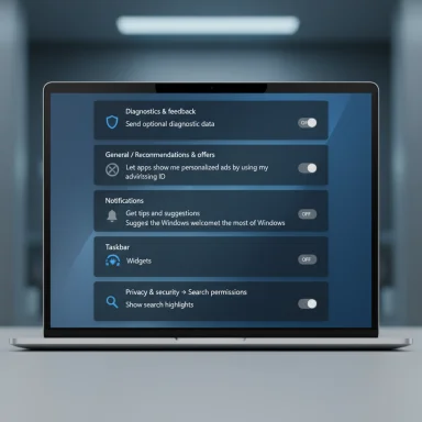 A laptop on a desk shows a settings screen with multiple toggle options.