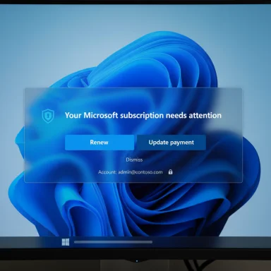 Blue Windows desktop with a translucent alert asking to Renew or Update payment.