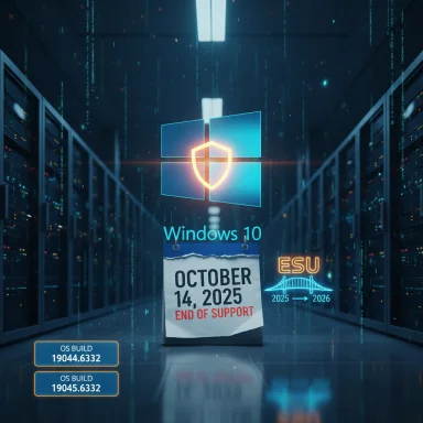 Windows 10 reaches end of support on October 14, 2025, in a futuristic data center.