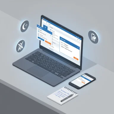 A sleek laptop shows multiple windows on a desk, with a smartphone and notebook nearby.