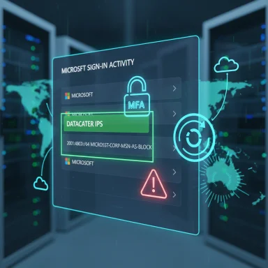 Futuristic holographic dashboard displays Microsoft sign-in activity, MFA lock, and data-center security alerts.