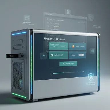 A sleek desktop PC with holographic UI panels for system setup and debloat.