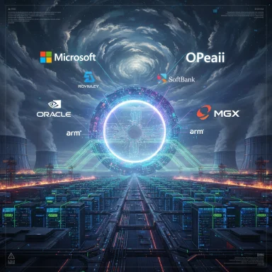 Futuristic data center featuring a glowing circular hub and major tech logos.