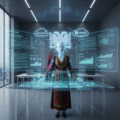 Holographic AI woman in traditional dress interacts with futuristic dashboards.