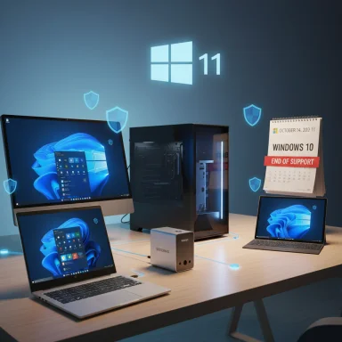 Windows 11 desktop setup with a tower and two laptops on a desk, plus a calendar noting Windows 10 end of support.