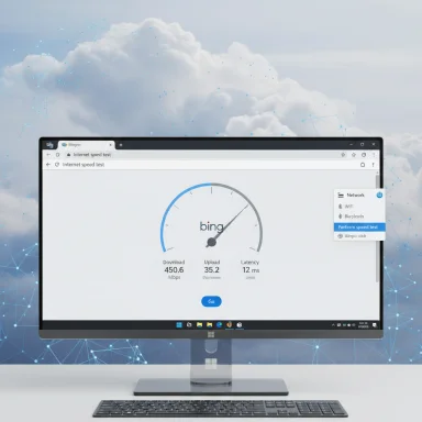 A desktop monitor shows a Bing internet speed test gauge against a cloud-network backdrop.