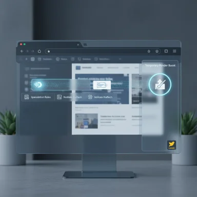 A sleek monitor displays translucent holographic UI panels, including a “Temporary Render Boost” widget.