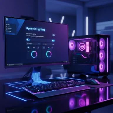 Neon-lit gaming setup with a monitor displaying Dynamic Lighting, RGB keyboard, mouse, and a glowing PC case.