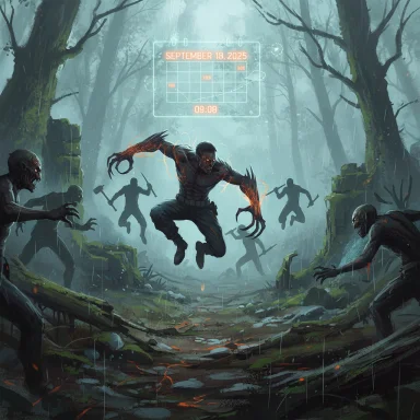 A hulking, clawed creature lunges through a rain-soaked forest as undead swarm around.