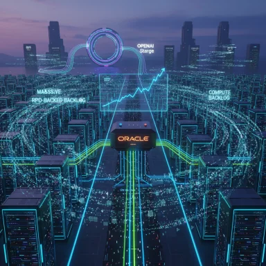 Futuristic cityscape data center with neon data streams converging on an Oracle hub.