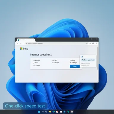 Windows desktop showing a Bing Internet speed test page with a One-click speed test badge.